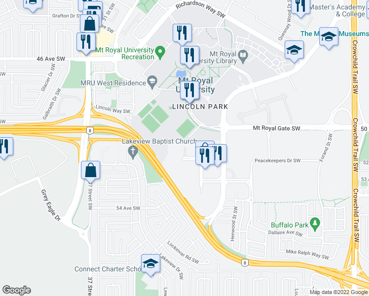 map of restaurants, bars, coffee shops, grocery stores, and more near 110 Richard Court Southwest in Calgary