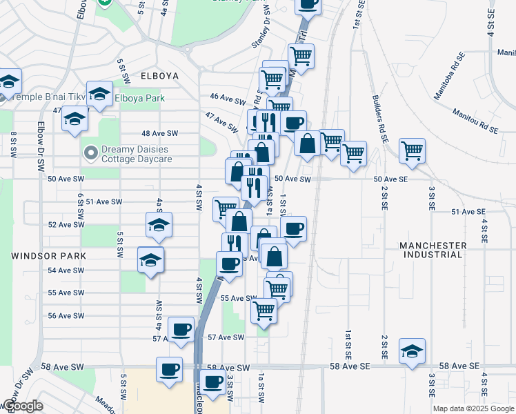 map of restaurants, bars, coffee shops, grocery stores, and more near 5226 Macleod Trail Southwest in Calgary
