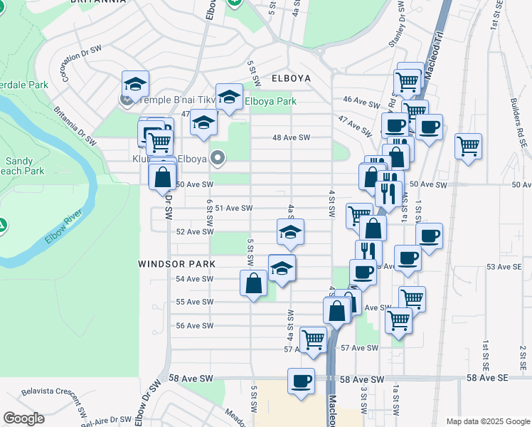 map of restaurants, bars, coffee shops, grocery stores, and more near 525 51 Avenue Southwest in Calgary
