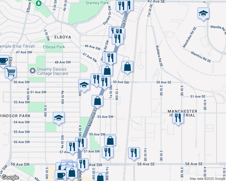 map of restaurants, bars, coffee shops, grocery stores, and more near 5226 Macleod Trail Southwest in Calgary