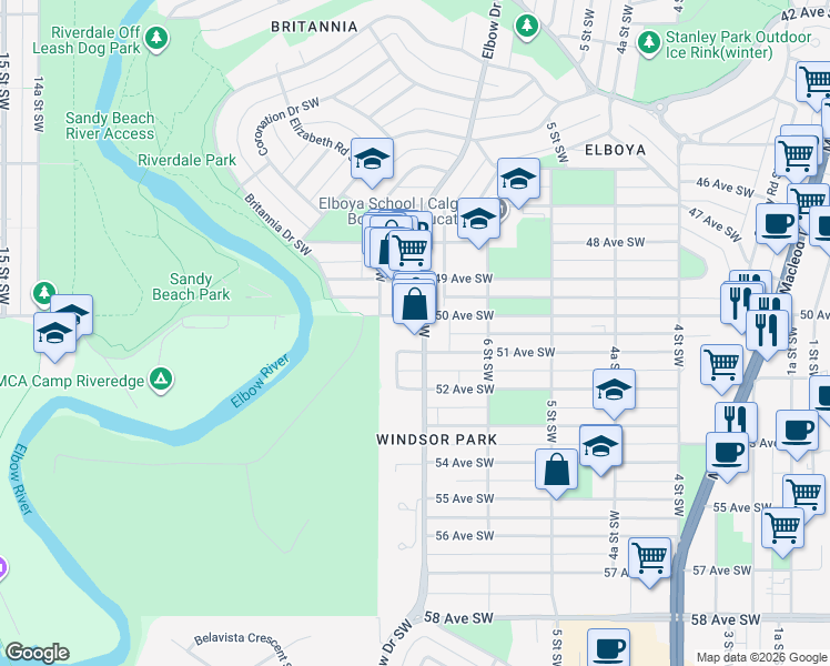 map of restaurants, bars, coffee shops, grocery stores, and more near 803 49 Avenue Southwest in Calgary