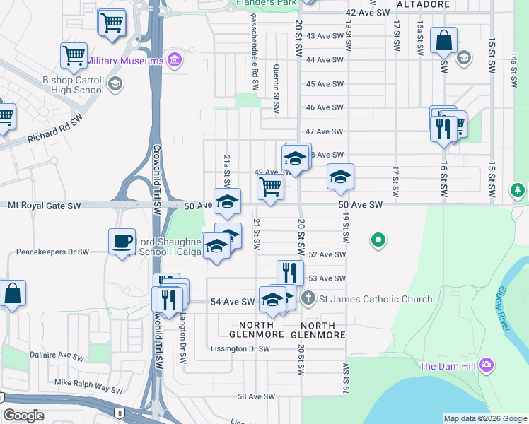 map of restaurants, bars, coffee shops, grocery stores, and more near 2131 50 Avenue Southwest in Calgary