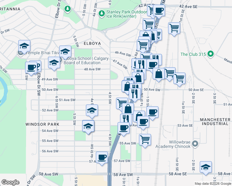 map of restaurants, bars, coffee shops, grocery stores, and more near 315 50 Avenue Southwest in Calgary