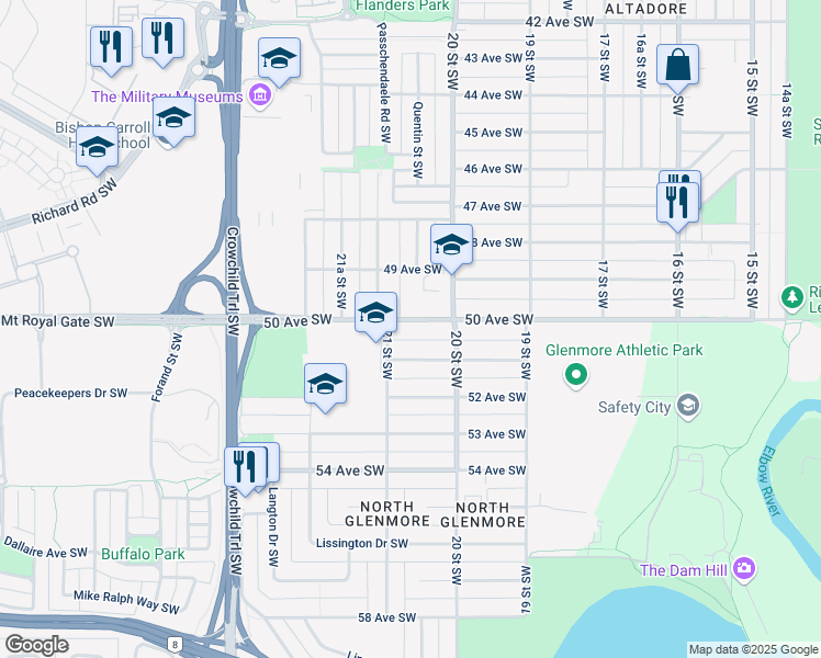 map of restaurants, bars, coffee shops, grocery stores, and more near 2131 50 Avenue Southwest in Calgary