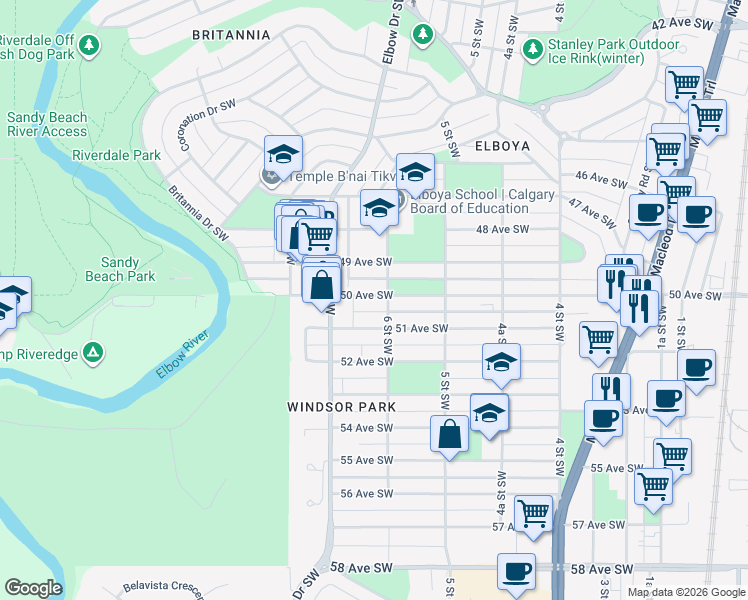 map of restaurants, bars, coffee shops, grocery stores, and more near 709 50 Avenue Southwest in Calgary