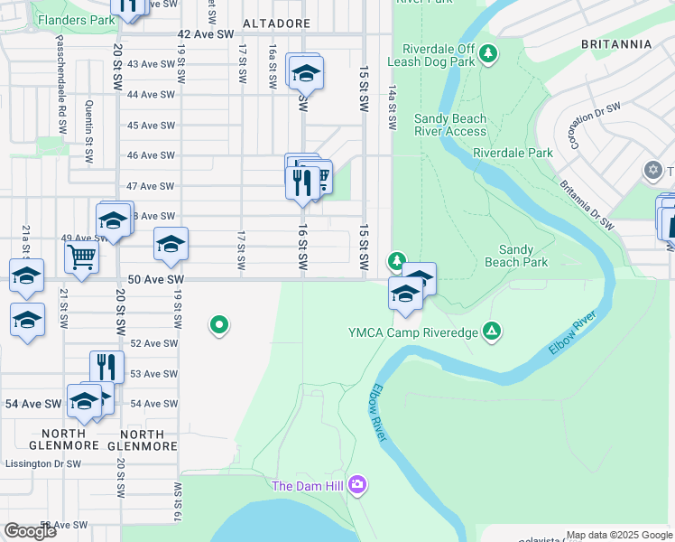 map of restaurants, bars, coffee shops, grocery stores, and more near 1616 50 Avenue Southwest in Calgary