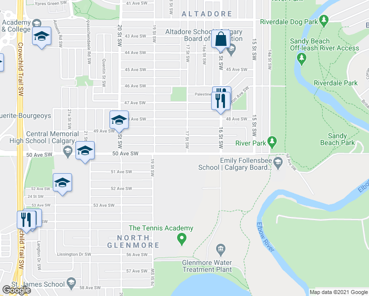 map of restaurants, bars, coffee shops, grocery stores, and more near 1904 50 Avenue Southwest in Calgary
