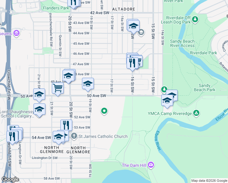 map of restaurants, bars, coffee shops, grocery stores, and more near 1904 50 Avenue Southwest in Calgary