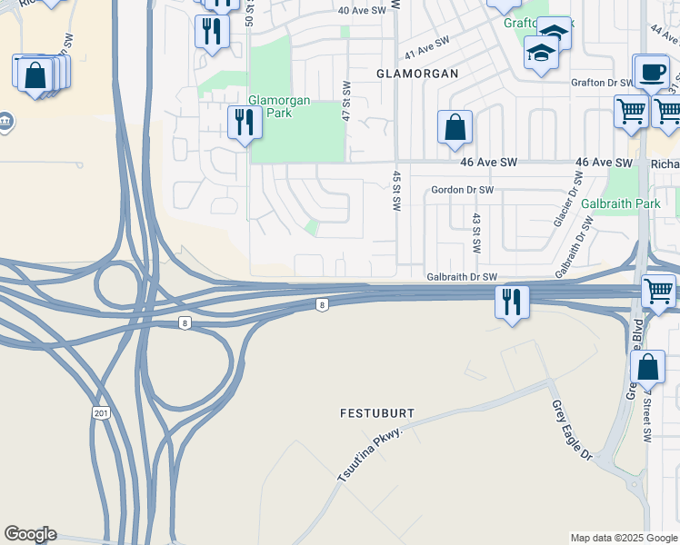 map of restaurants, bars, coffee shops, grocery stores, and more near 5033 45 Street Southwest in Calgary