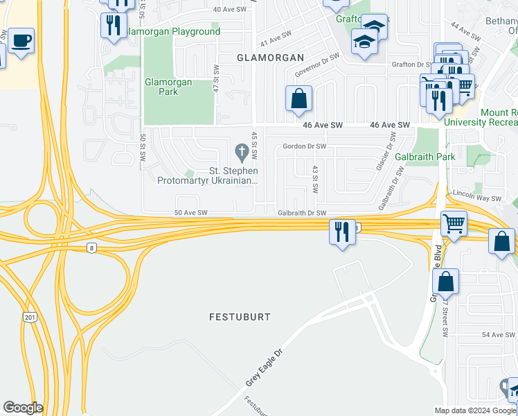 map of restaurants, bars, coffee shops, grocery stores, and more near 5002 45 Street Southwest in Calgary