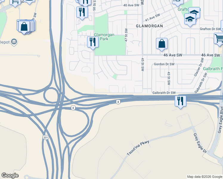 map of restaurants, bars, coffee shops, grocery stores, and more near 5000 50 Avenue Southwest in Calgary