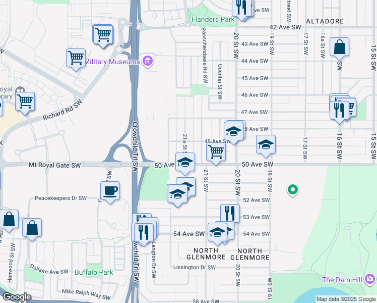 map of restaurants, bars, coffee shops, grocery stores, and more near in Calgary