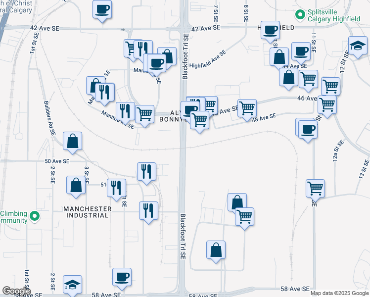 map of restaurants, bars, coffee shops, grocery stores, and more near 8690 Blackfoot Trail Southeast in Calgary