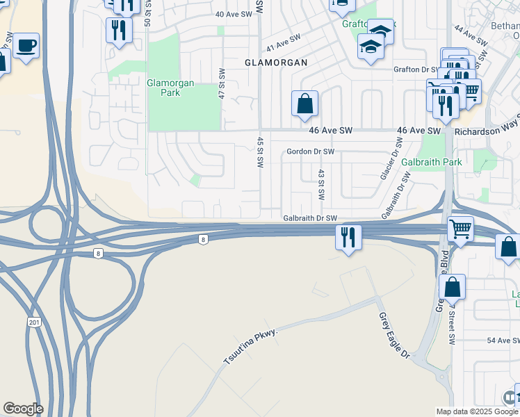 map of restaurants, bars, coffee shops, grocery stores, and more near 5033 45 Street Southwest in Calgary