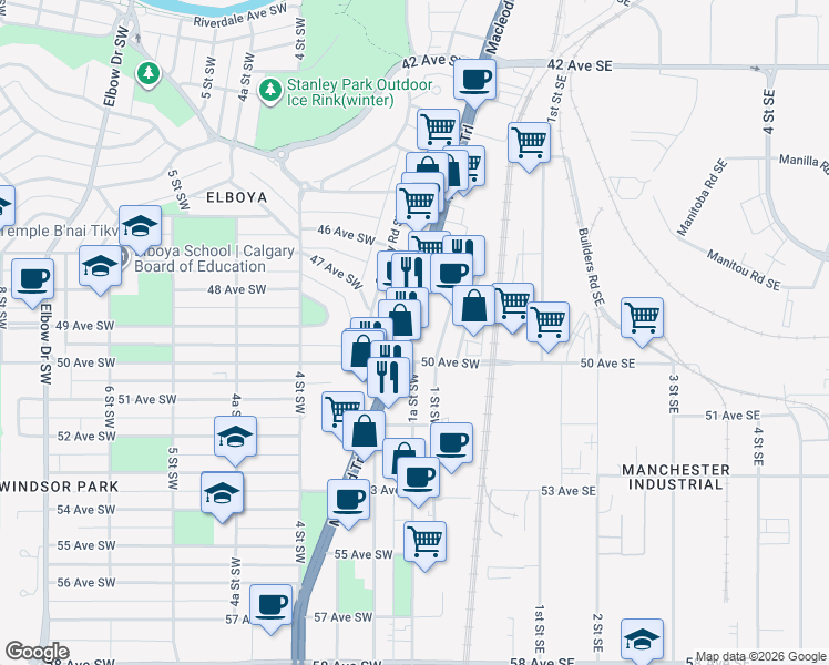 map of restaurants, bars, coffee shops, grocery stores, and more near 5014 Macleod Trail Southwest in Calgary