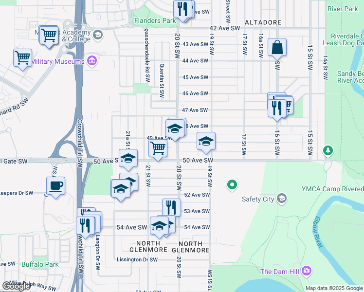 map of restaurants, bars, coffee shops, grocery stores, and more near 2045 49 Avenue Southwest in Calgary