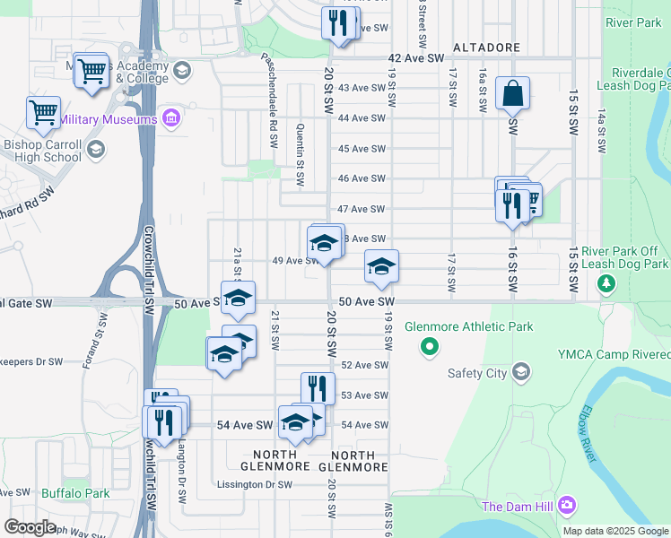 map of restaurants, bars, coffee shops, grocery stores, and more near 2045 49 Avenue Southwest in Calgary