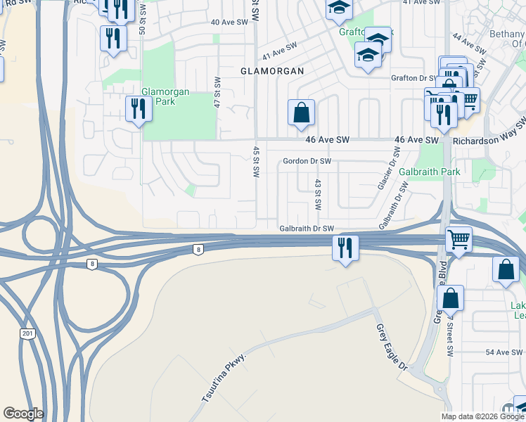 map of restaurants, bars, coffee shops, grocery stores, and more near 5002 45 Street Southwest in Calgary
