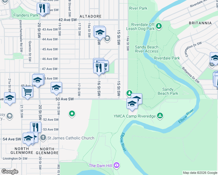map of restaurants, bars, coffee shops, grocery stores, and more near 1619 48 Avenue Southwest in Calgary