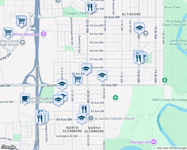 map of restaurants, bars, coffee shops, grocery stores, and more near 2025 48 Avenue Southwest in Calgary