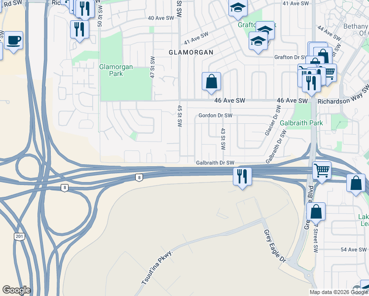 map of restaurants, bars, coffee shops, grocery stores, and more near in Calgary