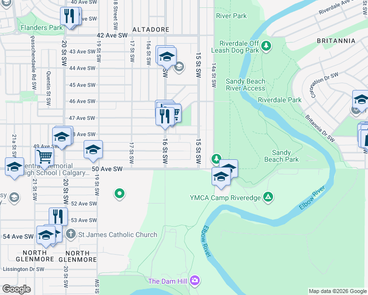 map of restaurants, bars, coffee shops, grocery stores, and more near 1619 48 Avenue Southwest in Calgary