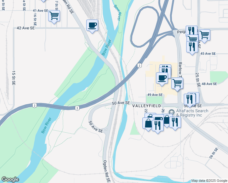 map of restaurants, bars, coffee shops, grocery stores, and more near Deerfoot Trail in Calgary