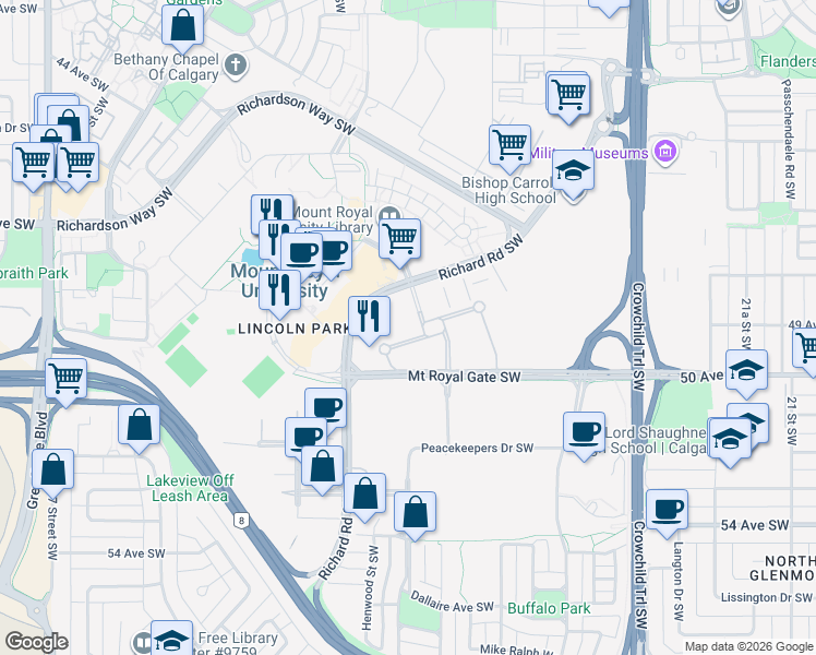 map of restaurants, bars, coffee shops, grocery stores, and more near 4825 Richard Road Southwest in Calgary
