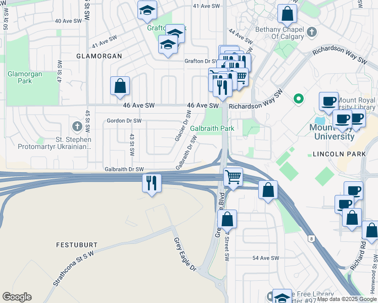 map of restaurants, bars, coffee shops, grocery stores, and more near 40 Galbraith Drive Southwest in Calgary