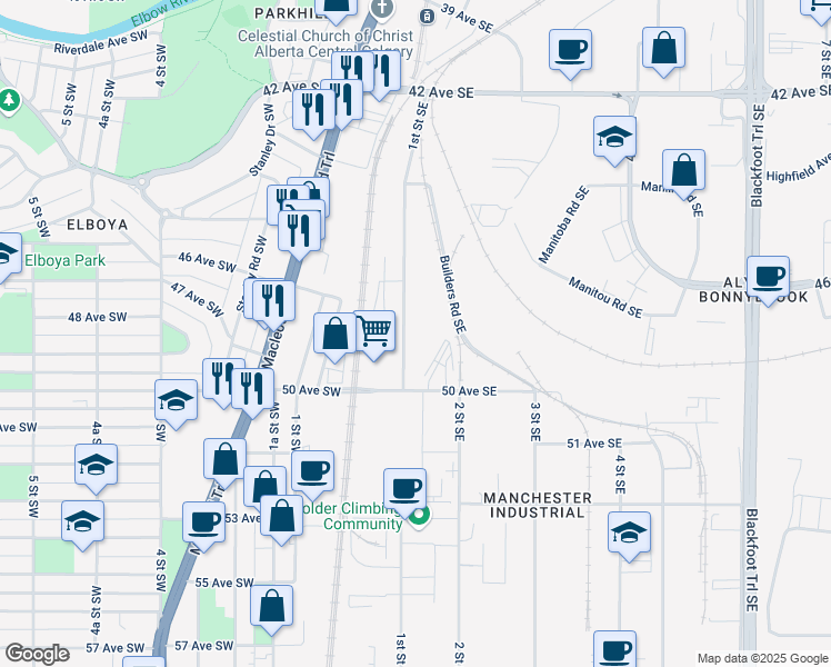 map of restaurants, bars, coffee shops, grocery stores, and more near 4704 1 Street Southeast in Calgary