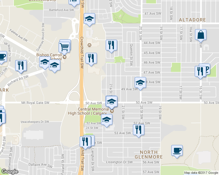map of restaurants, bars, coffee shops, grocery stores, and more near 4919 21A Street Southwest in Calgary