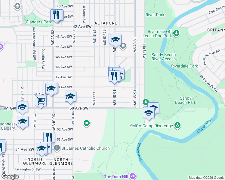 map of restaurants, bars, coffee shops, grocery stores, and more near in Calgary