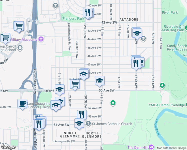 map of restaurants, bars, coffee shops, grocery stores, and more near 2025 48 Avenue Southwest in Calgary