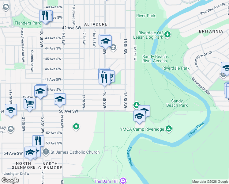 map of restaurants, bars, coffee shops, grocery stores, and more near 1619 48 Avenue Southwest in Calgary