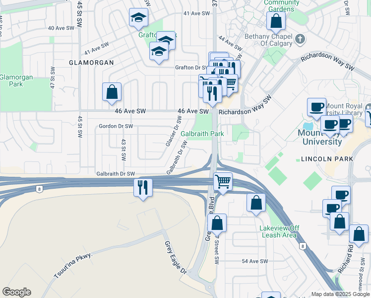 map of restaurants, bars, coffee shops, grocery stores, and more near 40 Galbraith Drive Southwest in Calgary