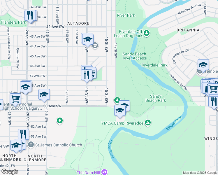 map of restaurants, bars, coffee shops, grocery stores, and more near 4908 15 Street Southwest in Calgary