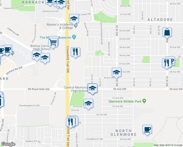 map of restaurants, bars, coffee shops, grocery stores, and more near 4919 21A Street Southwest in Calgary
