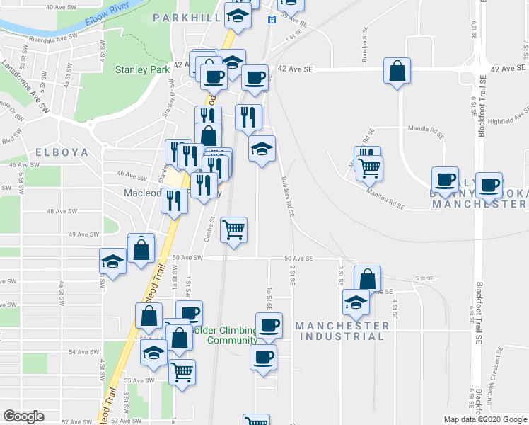 map of restaurants, bars, coffee shops, grocery stores, and more near 4704 1 Street Southeast in Calgary