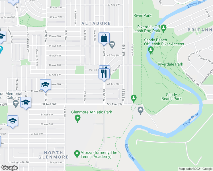 map of restaurants, bars, coffee shops, grocery stores, and more near in Calgary