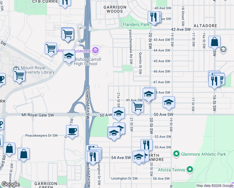 map of restaurants, bars, coffee shops, grocery stores, and more near 4919 21A Street Southwest in Calgary