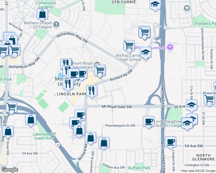 map of restaurants, bars, coffee shops, grocery stores, and more near 4838 Richardson Rd SW in Calgary