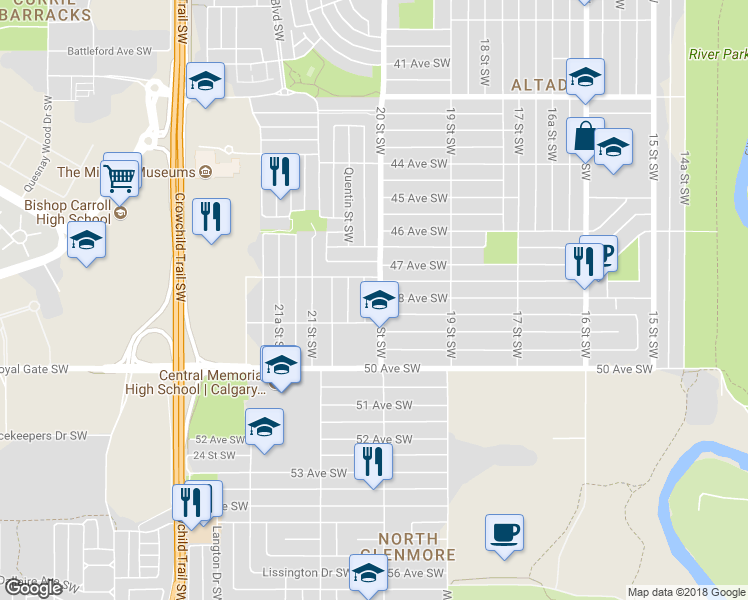 map of restaurants, bars, coffee shops, grocery stores, and more near 4917 20 Street Southwest in Calgary