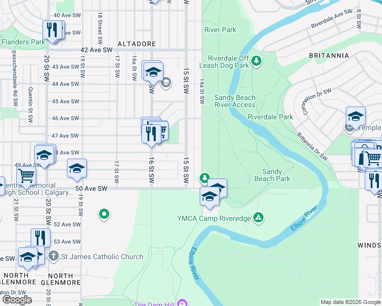 map of restaurants, bars, coffee shops, grocery stores, and more near 4908 15 Street Southwest in Calgary