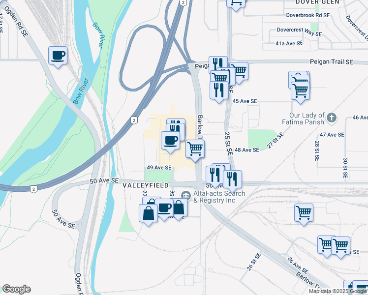 map of restaurants, bars, coffee shops, grocery stores, and more near 4949 Barlow Trail Southeast in Calgary