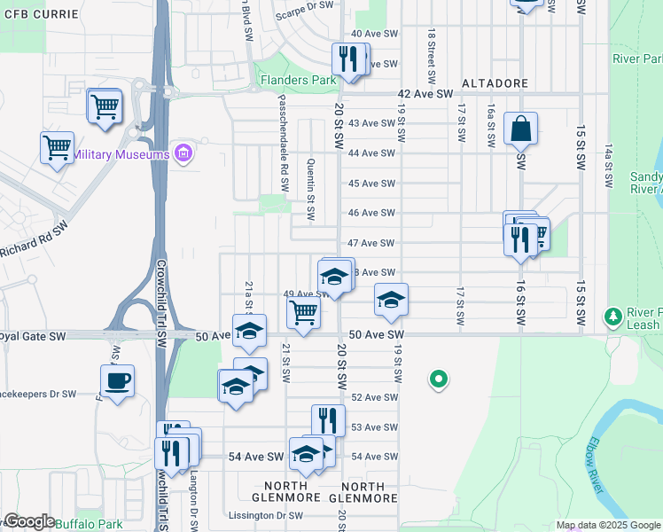 map of restaurants, bars, coffee shops, grocery stores, and more near 4917 20 Street Southwest in Calgary