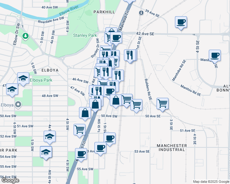 map of restaurants, bars, coffee shops, grocery stores, and more near 4702 1 Street Southwest in Calgary