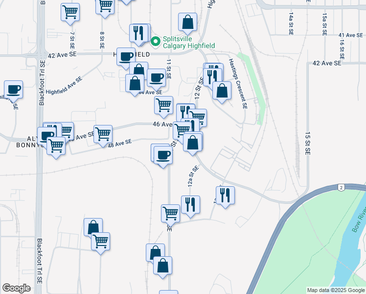 map of restaurants, bars, coffee shops, grocery stores, and more near 1259 Highfield Crescent Southeast in Calgary