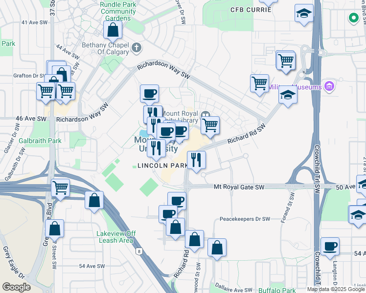 map of restaurants, bars, coffee shops, grocery stores, and more near 4825 Mount Royal Gate Southwest in Calgary