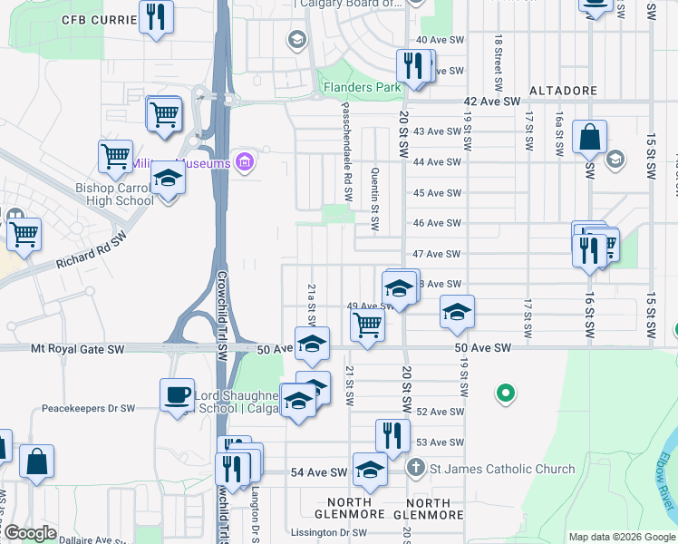 map of restaurants, bars, coffee shops, grocery stores, and more near in Calgary