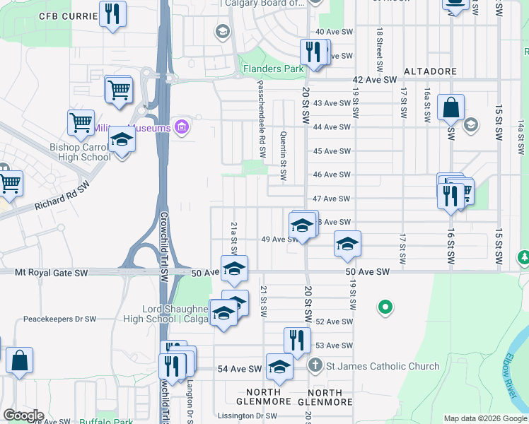 map of restaurants, bars, coffee shops, grocery stores, and more near in Calgary